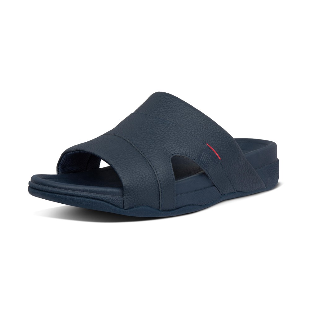 Fitflop Mens Slides Navy - Freeway Leather Pool - 06HBVMGLC